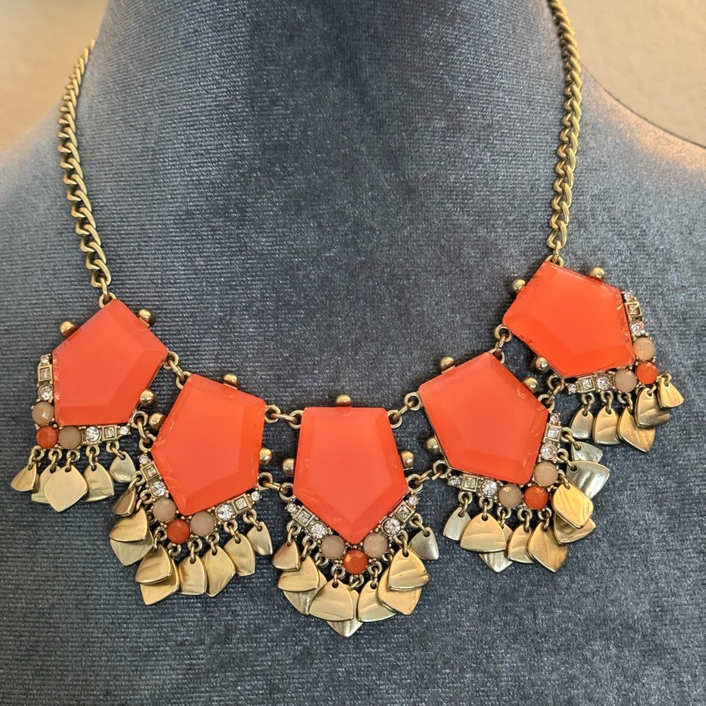 Loft (Ann Taylor) Orange Pentagon Shape/Matte Gold Necklace